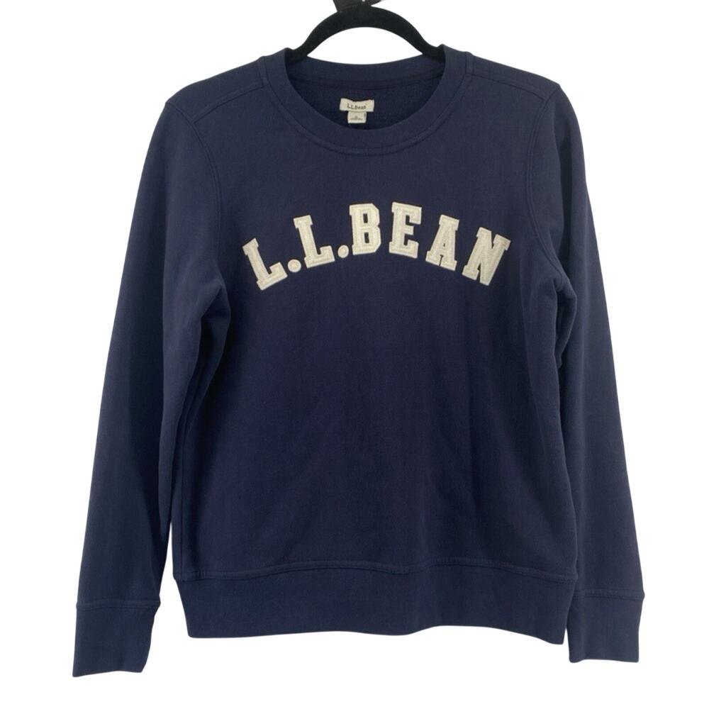 LL Bean Sweatshirt Womens Petite Small Navy Fleece Logo Crew Pullover